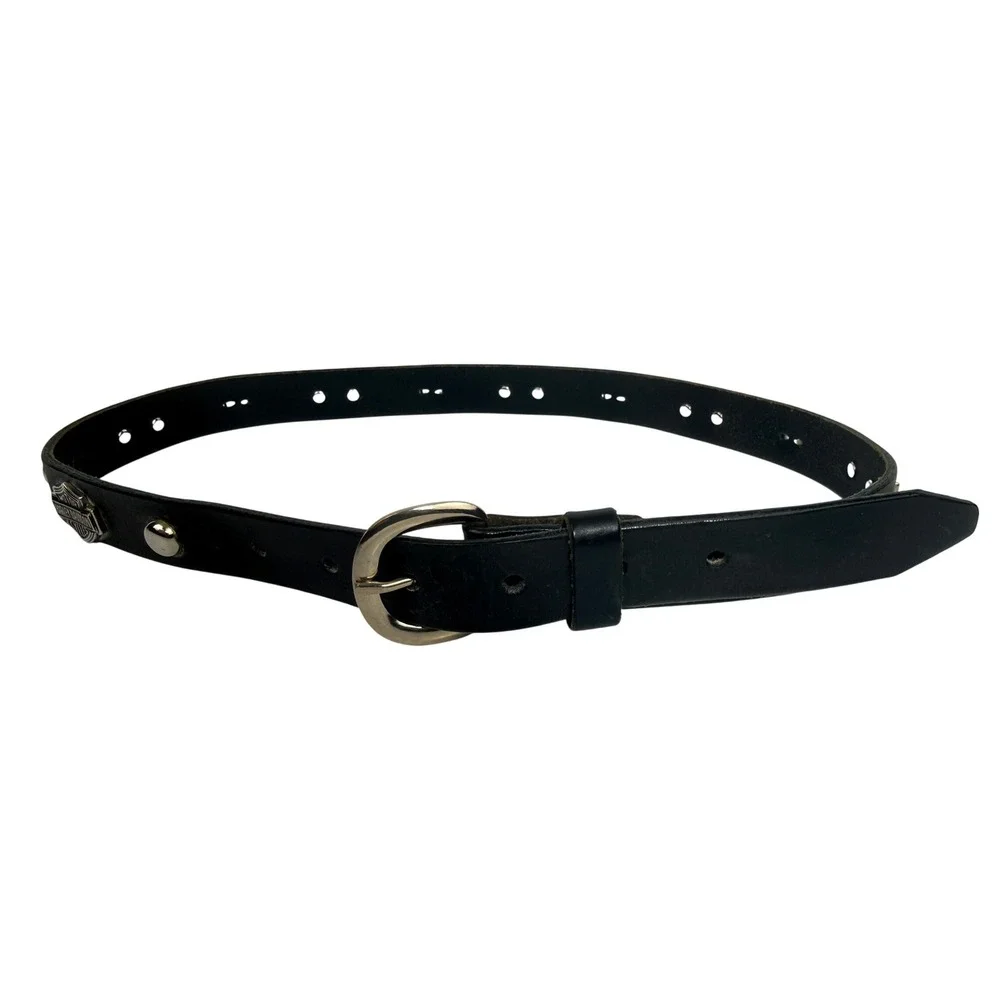Harley-Davidson Womens Black Leather Studded Logo Belt Made in USA Size 28 -BG